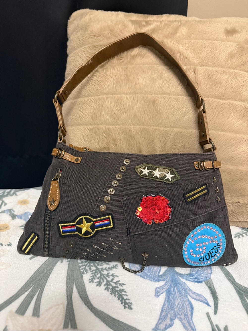 GUESS Y2K Grey Canvas Utility Crossbody/Shoulder Bag with Patches - HTF! 🔥